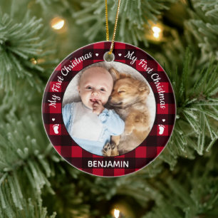 My First Christmas Red Buffalo Plaid Baby Photo Ce Ceramic Ornament