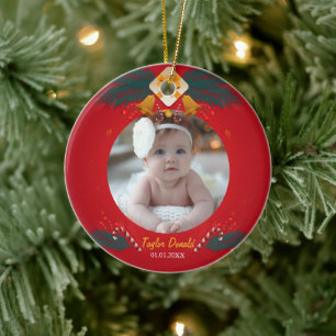 My first christmas red custom photo ceramic ornament