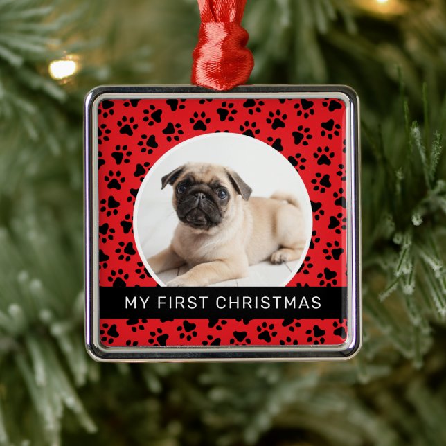My First Christmas Red Custom Puppy Photo Metal Ornament (Tree)