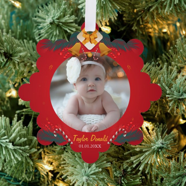 My First Christmas Red Personalised Baby Name Tree Decoration Card (Insitu (Tree))