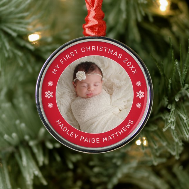 My First Christmas Red Personalized Baby Photo Metal Ornament (Tree)