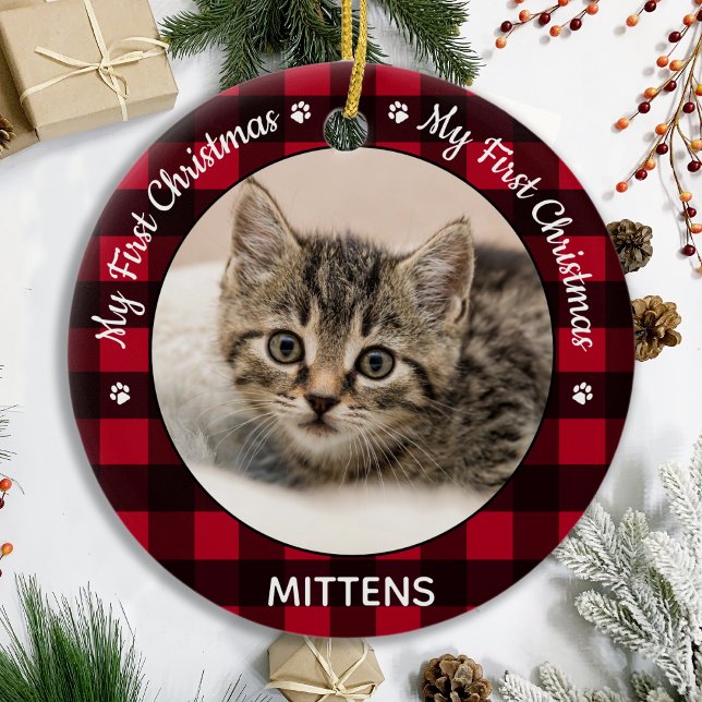 My First Christmas Red Plaid Cat Kitten Pet Photo Ceramic Ornament (Creator Uploaded)
