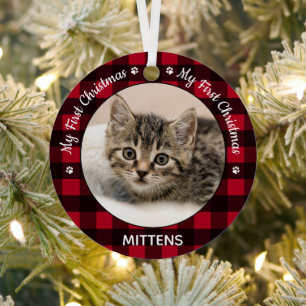My First Christmas Red Plaid Cat Kitten Pet Photo  Metal Tree Decoration