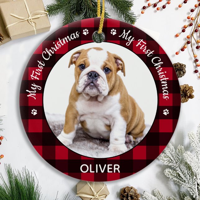 My First Christmas Red Plaid Dog Puppy Pet Photo Ceramic Ornament (Creator Uploaded)