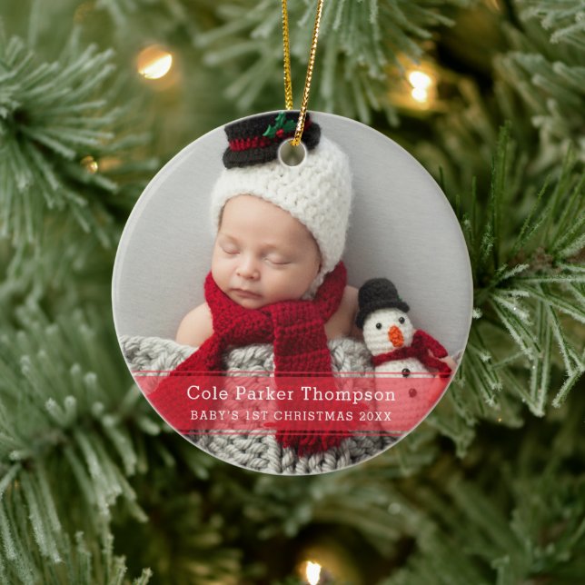 My First Christmas Red Stripe Custom Baby Photo Ceramic Ornament (Tree)
