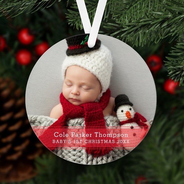 My First Christmas Red Stripe Custom Baby Photo Ornament (Creator Uploaded)