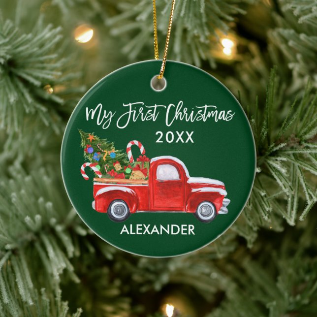 My First Christmas Red Truck Candy Canes Baby Ceramic Ornament (Tree)