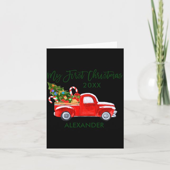 My First Christmas Red Truck Candy Canes Gray Baby Card (Front)