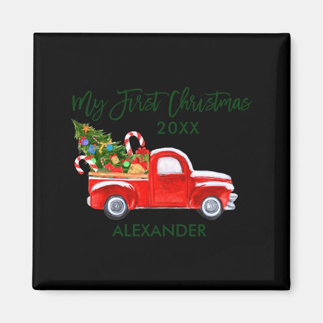 My First Christmas Red Truck Candy Canes Gray Baby Magnet (Front)