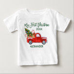 My First Christmas Red Truck Candy Canes Green Baby T-Shirt<br><div class="desc">Modern Brush Script My First Christmas Baby First Christmas T-Shirt includes Watercolor Vintage Red Truck with Christmas Trees,  Snow,  Christmas Presents and Candy Canes. Green Script.</div>