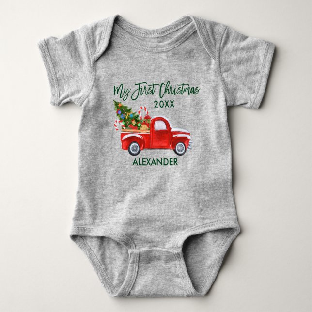My First Christmas Red Truck Candy Canes Grey Baby Bodysuit (Front)