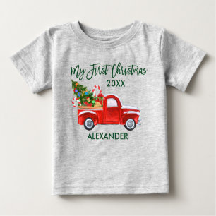 My First Christmas Red Truck Candy Canes Grey Baby T-Shirt