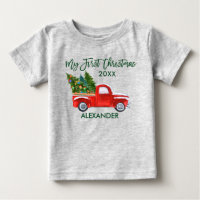 My First Christmas Red Truck Green Script Grey