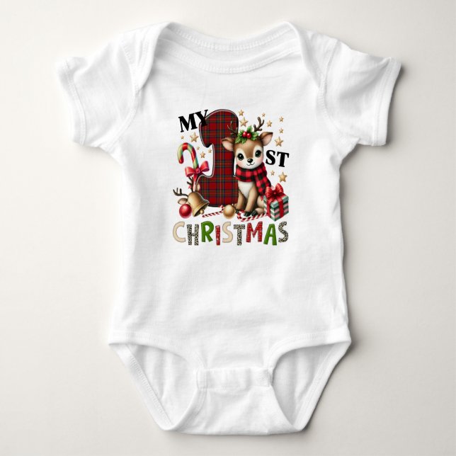 My First Christmas Reindeer Cute  Baby Bodysuit (Front)
