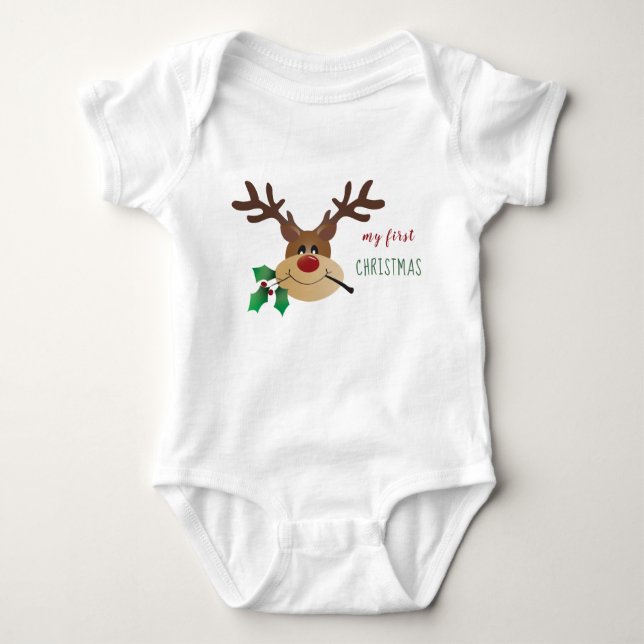 My First Christmas Reindeer Mistletoe Baby Bodysuit (Front)