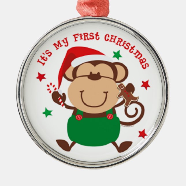 My First Christmas Santa Monkey Metal Ornament (Front)