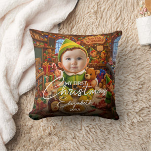 My First Christmas Santas Helper Photo Birth Stats Cushion