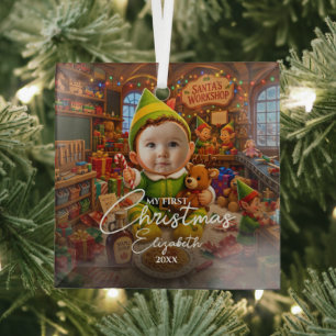 My First Christmas Santas Little Helper Photo Glass Tree Decoration