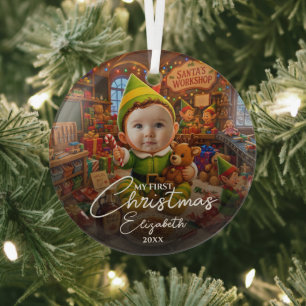 My First Christmas Santas Little Helper Photo Glass Tree Decoration