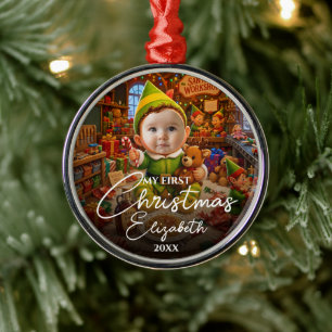 My First Christmas Santas Little Helper Photo Metal Ornament
