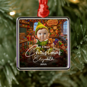 My First Christmas Santas Little Helper Photo Metal Ornament