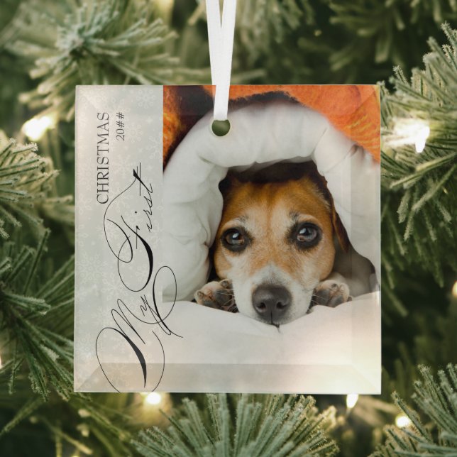 My First Christmas Script Vertical Photo Snowflake Glass Tree Decoration (Insitu)