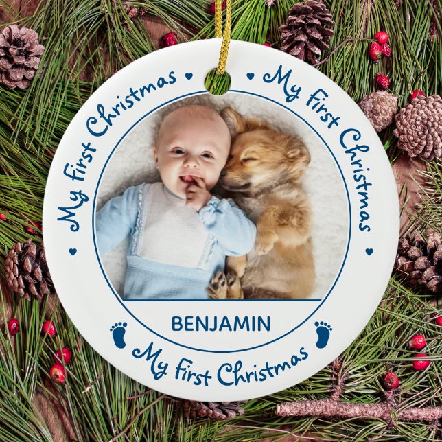 My First Christmas Simple Cute Baby Photo Ceramic Ornament (Creator Uploaded)