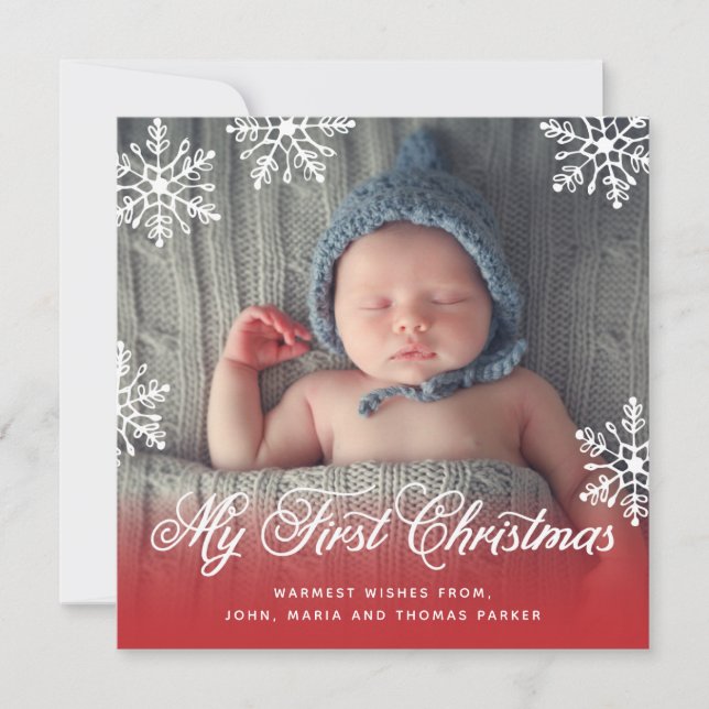 My First Christmas Snowflake Script Red Photo Holiday Card (Front)