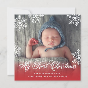 My First Christmas Snowflake Script Red Photo Holiday Card
