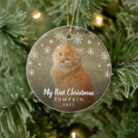 My First Christmas Snowflakes Cat Photo Ceramic Ornament<br><div class="desc">Did you get a new kitten this year? Add a memory to your tree with this modern keepsake ornament featuring a simple yet elegant design with the message "My First Christmas" in white chalk script and snowflakes along with your cat's name and the year, over your favourite photo. Add the...</div>