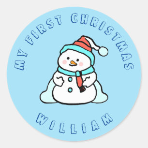 My First Christmas Snowman Custom Blue Classic Round Sticker