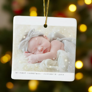 My First Christmas Stars Modern Baby Girl Photo Ceramic Ornament