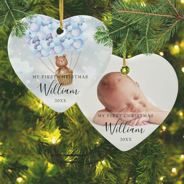 My First Christmas Teddy Bear Blue Balloons Photo Ceramic Ornament (My First Christmas Teddy Bear Blue Balloons Photo Ceramic Ornament)