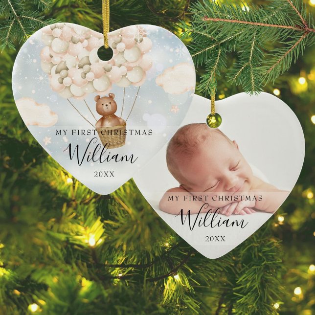 My First Christmas Teddy Bear Gold Balloons Photo Ceramic Ornament (My First Christmas Teddy Bear Gold Balloons Photo Ceramic Ornament)