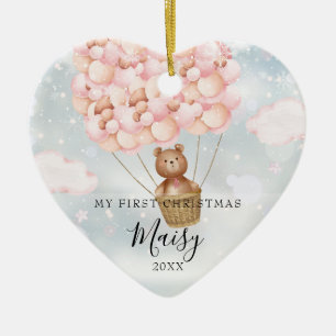 My First Christmas Teddy Bear Pink Balloons Photo Ceramic Ornament