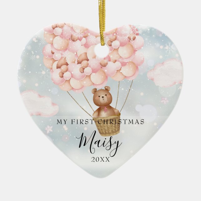 My First Christmas Teddy Bear Pink Balloons Photo Ceramic Ornament (Front)