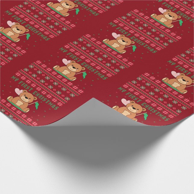 My First Christmas Teddy Bear Ugly Christmas Wrapping Paper (Corner)