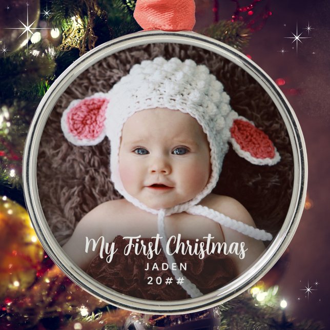 My First Christmas Timeless Baby Photo Metal Ornament (Add a photo, name and date. Available in many types of ornaments. Merry Christmas & Congratulations!)