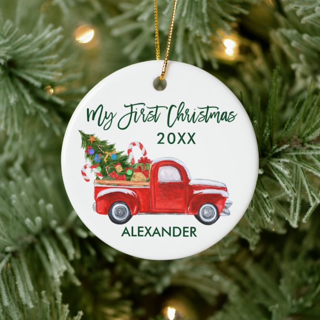 My First Christmas Truck Candy Canes Baby Green Ceramic Ornament (Tree)