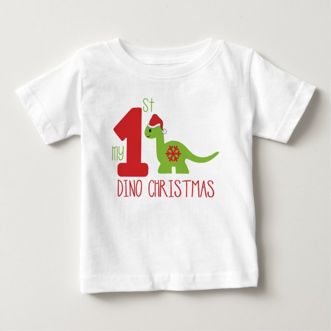 My First Christmas Typography Cute Dinosaur Dino Baby T-Shirt (Front)