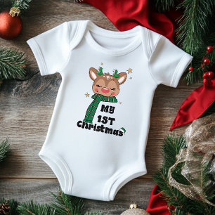 My First Christmas Typography Cute Reindeer Baby Bodysuit