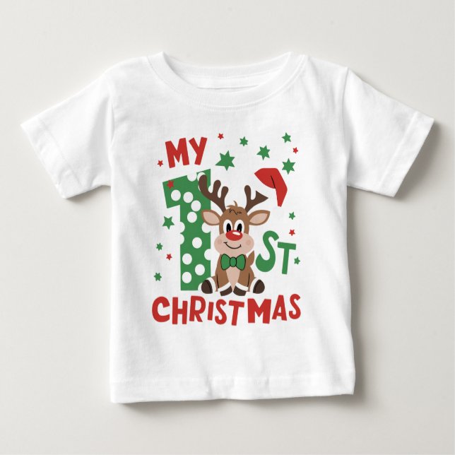My First Christmas Typography Cute Reindeer Baby T-Shirt (Front)