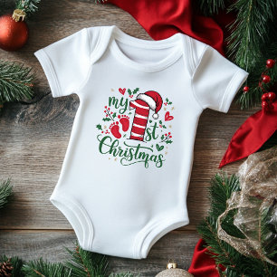 My First Christmas Typography Cute Santa Hat Baby Bodysuit