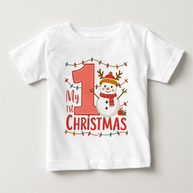 My First Christmas Typography Cute Snowman Baby T-Shirt (Front)