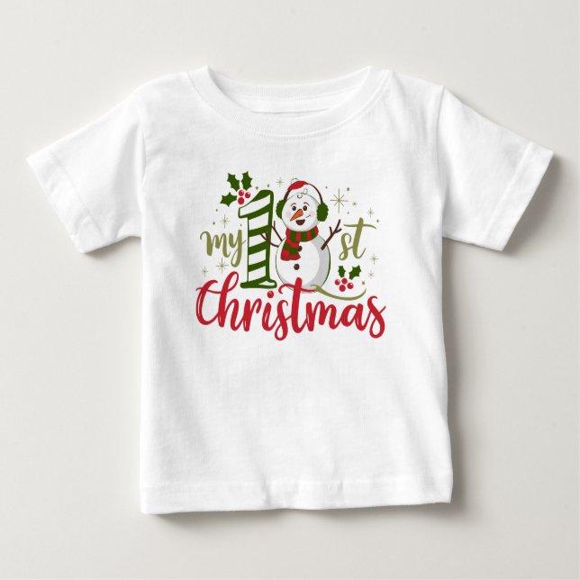 My First Christmas Typography Cute Snowman Baby T-Shirt (Front)