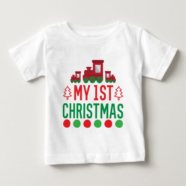 My First Christmas Typography Cute Train Baby T-Shirt (Front)
