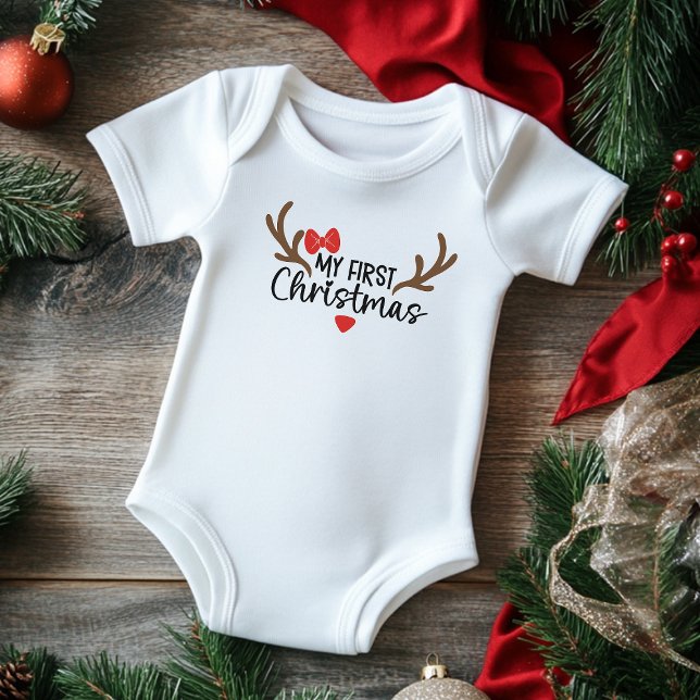 My First Christmas Typography Simple Antlers Bow Baby Bodysuit (Creator Uploaded)