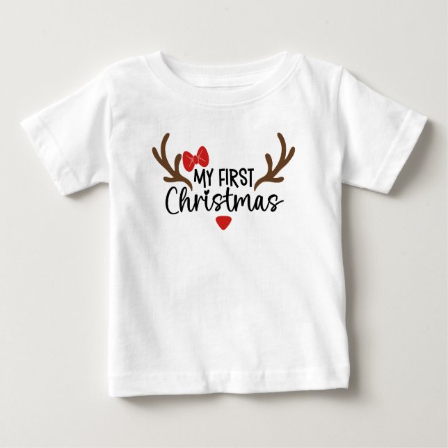 My First Christmas Typography Simple Antlers Bow Baby T-Shirt (Front)