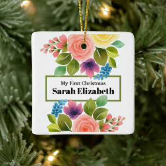My First Christmas Vibrant Floral Ceramic Ornament
