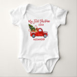 My First Christmas Vintage Red Truck Candy Canes Baby Bodysuit<br><div class="desc">Modern Brush Script My First Christmas Baby First Christmas Baby Bodysuit Shirt includes Watercolor Vintage Red Truck with Christmas Trees,  Snow,  Christmas Presents and Candy Canes. Red Script.</div>